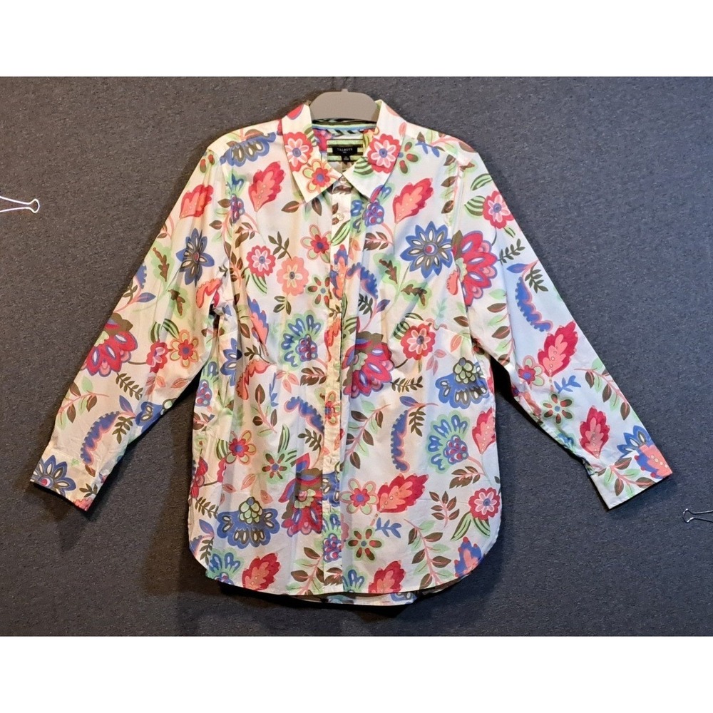 Talbots‎ Plus Womens 1X Floral Button Down Shirt Long Sleeve Cotton White Multi